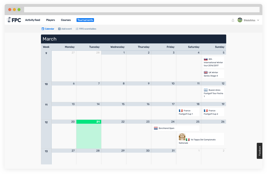 Tournaments calendar
